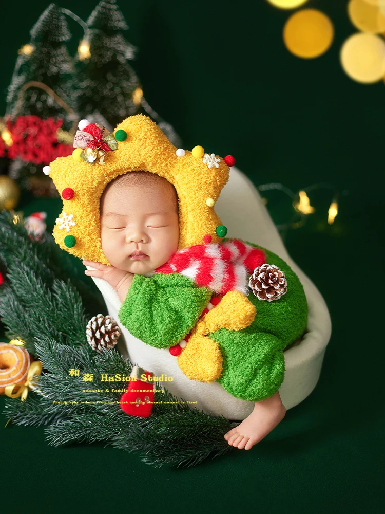 新生児クリスマス写真撮影衣装かわいいクリスマスヘッドバンド + ジャンプスーツ + 手袋 + スカーフ + 靴下ベビーコスチュームキットスタジオベビー撮影小道具