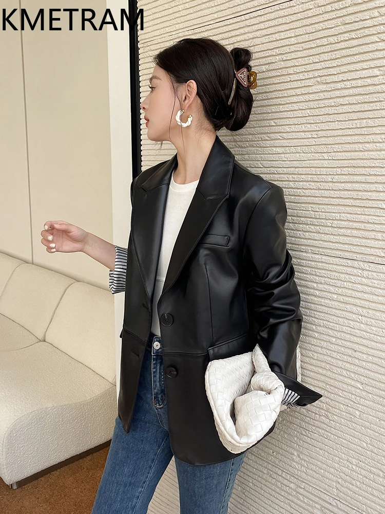 KMETRAM Naturalna Skórzana Kurtka Damska z Naturalnej Skóry Owczej Wysokiej Jakości Czarna Krótka Prawdziwa Skórzana Kurtka Damska Płaszcz Jesień 2025
