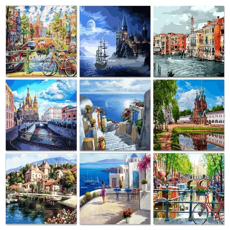 

GATYZTORY Seaside Town Frame Painting By Number For Adults 40x50cm Landscape Paint By Number Kit Diy Handmade Diy Gift Picture