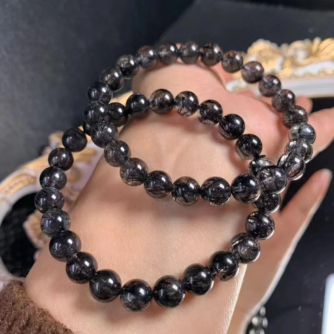 8mm Natural Black Rutilated Quartz Bracelet Crystal Smooth Round Beads For Jewelry Making Holiday Gift 1PCS