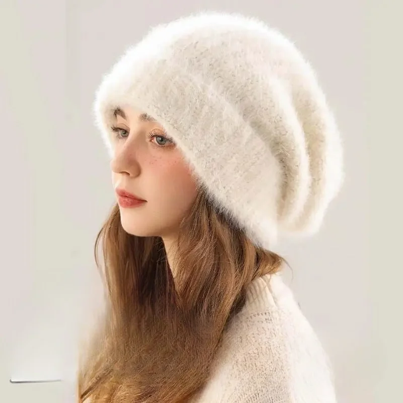 Fluffy Angora Hat Rabbit Fur Warm Winter hat For Womans Cashmere Wool Soft Beanies Knitted Hat Outdoor Ski Female