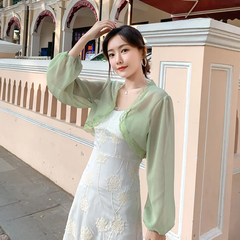 Elegant Lace Trim Chiffon Shrug For Women Thin Sun Protection Long Sleeve Cropped Top Shawl Bolero Outer Cardigan Women's Jacket