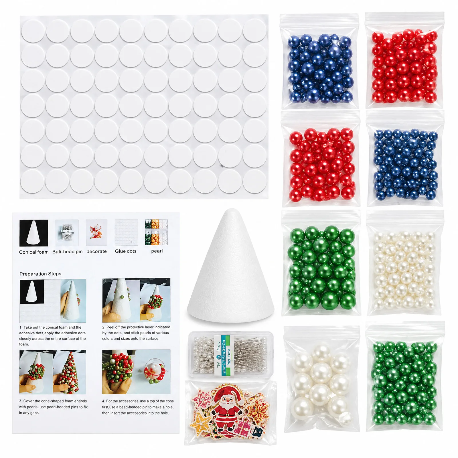 DIY Christmas Bead Tree Craft Kit 9 Holiday Styles Foam Cone Pearl Ornament Tabletop Decor Gift Box Set