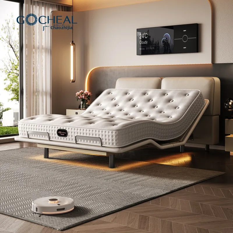 Motor Adjustable King Leather Bed Easy to Install Smart Head and Feet Tilting Double Bed