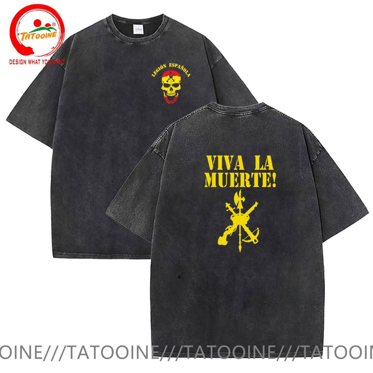

Винтажная футболка из выстиранного хлопка с забавным дизайнерским принтом Legion Espanola Viva La Muerta. Мужская модная футболка Spanish Foreign Legion