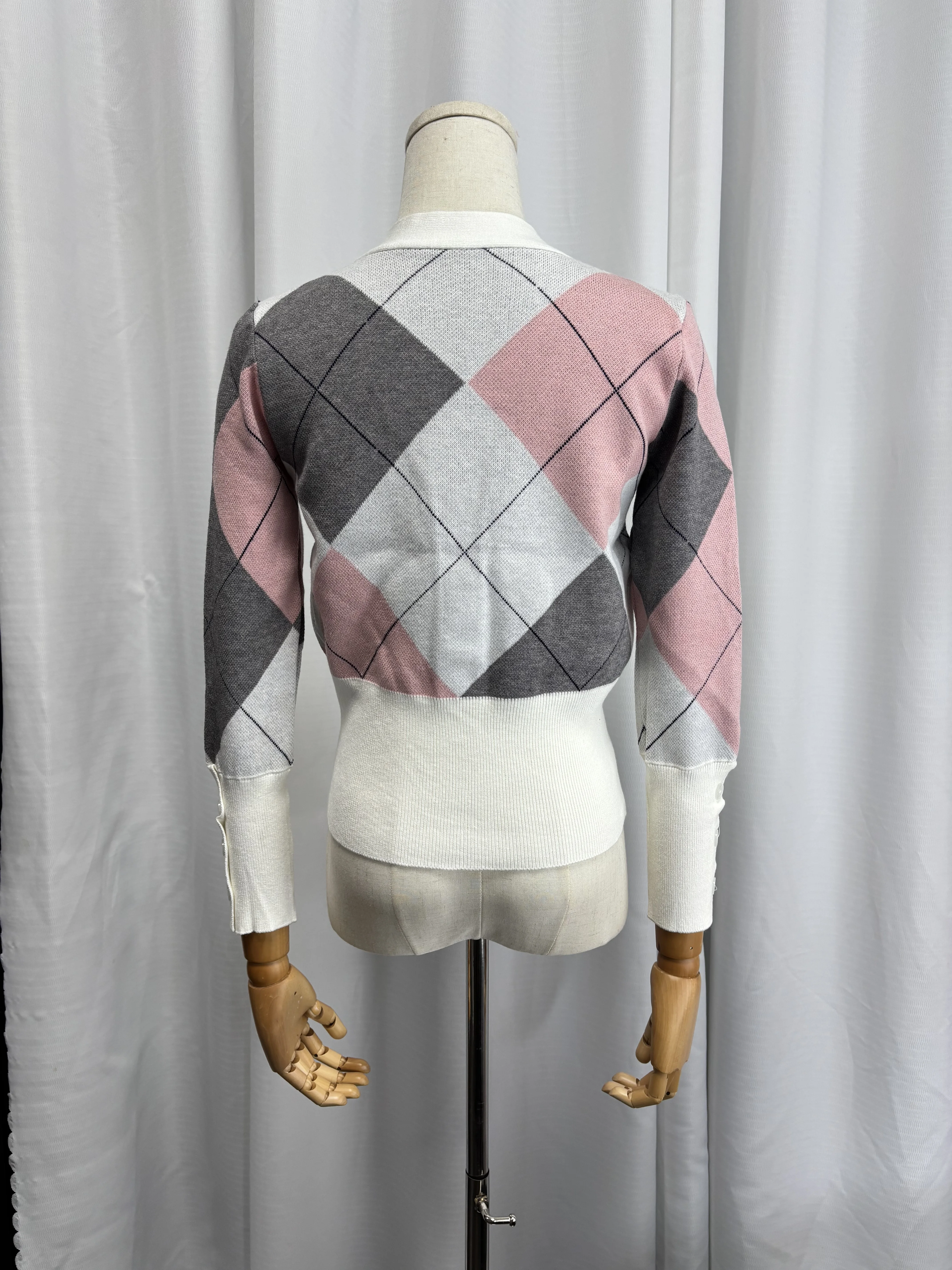 Real shot Women's Preppy Style Argyle Knit Cardigan Autumn Winter Color Block Loose Fit Long Sleeve Versatile Unique New Arrival view 3
