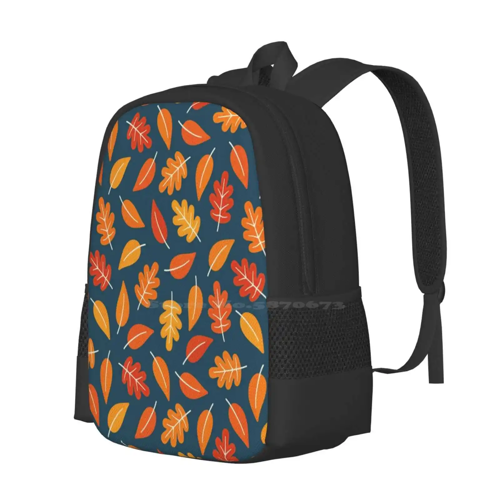 Retro Autumn Leaves On Indigo Blue New Arrivals Unisex Bags Student Bag Backpack Autumn Leaves Falling Harvest Festival Orange