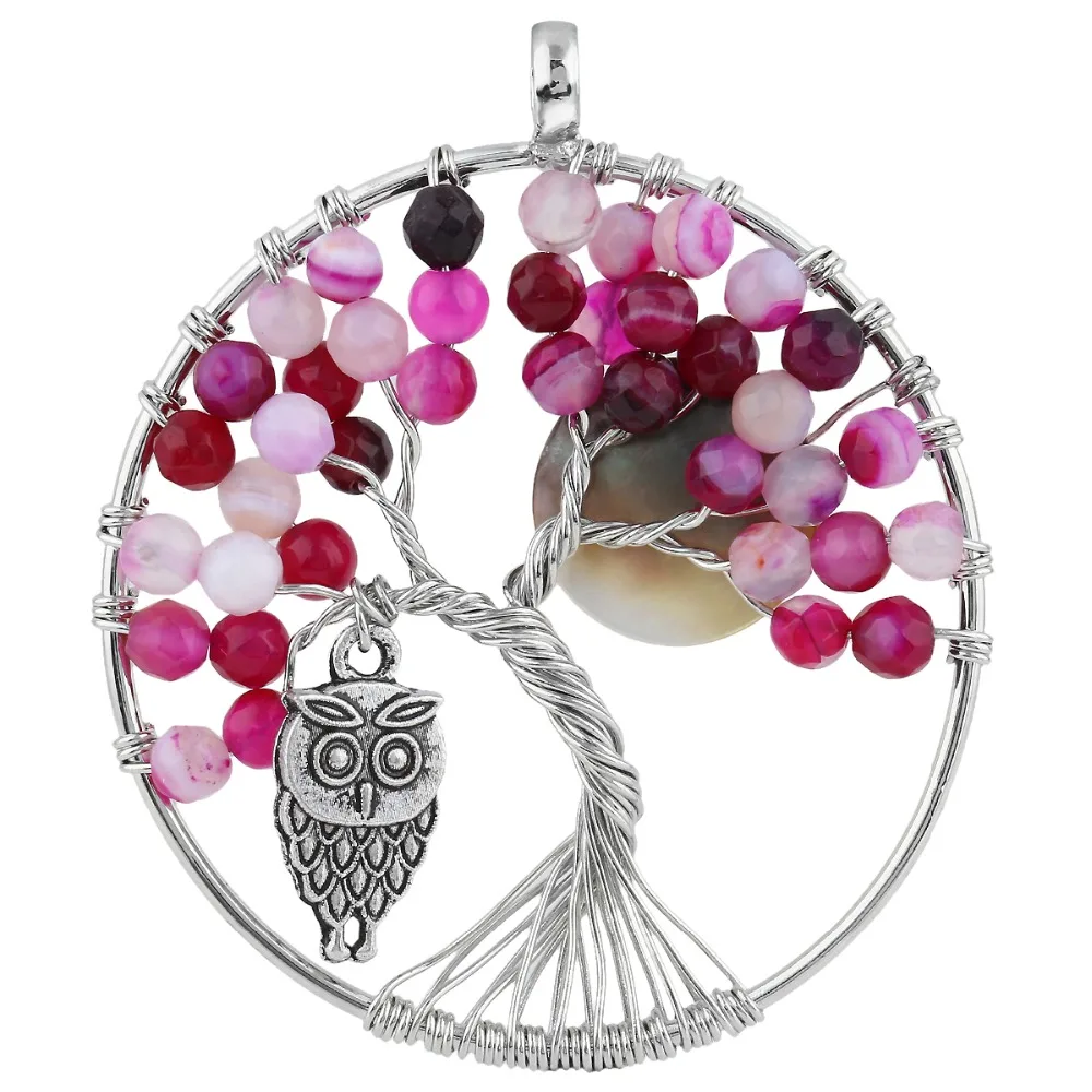 SUNYIK 18KGP Life Tree Pendant Fuchsia Agate Stone Round Beads As leaf Owl Hung Under Abalone Shell Full Moon Poetry Jewelry