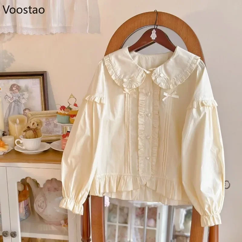 Japanese Kawaii Lolita Shirt Women Sweet Bow Peter Pan Collar Long Sleeve Ruffles JK Top Spring Autumn Girls Cute Blouse Clothes