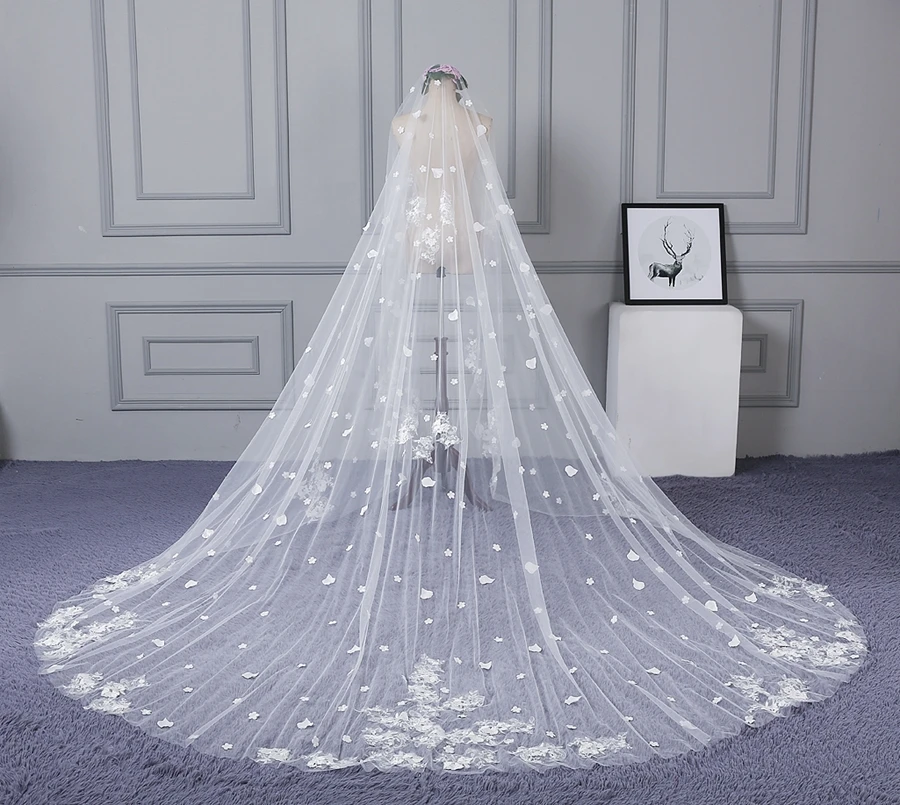 New Arrival White Ivory Cathedral Wedding veils Lace Applique Bride veils for women wedding accessoires de mariage welon