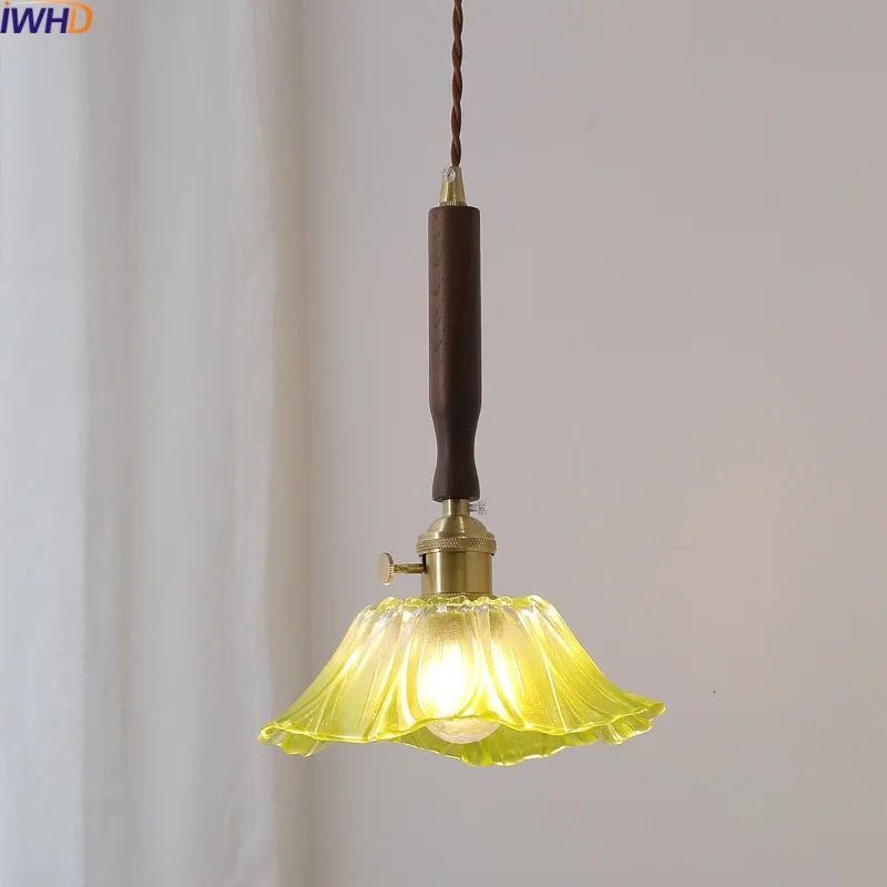 

IWHD Modern Style LED Pendant Lights Fixtures Bar Bedroom Dining Room Walnut Copper Hanging Lamp Knob Switch Suspension Lamparas