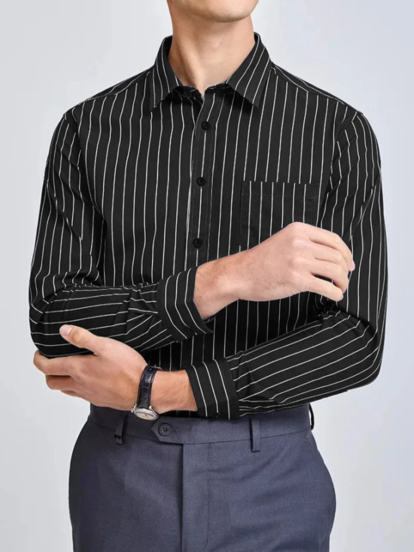 

Autumn and spring long-sleeve striped button-up shirt for men, stylish and casual Hong Kong-style Korean version shirt