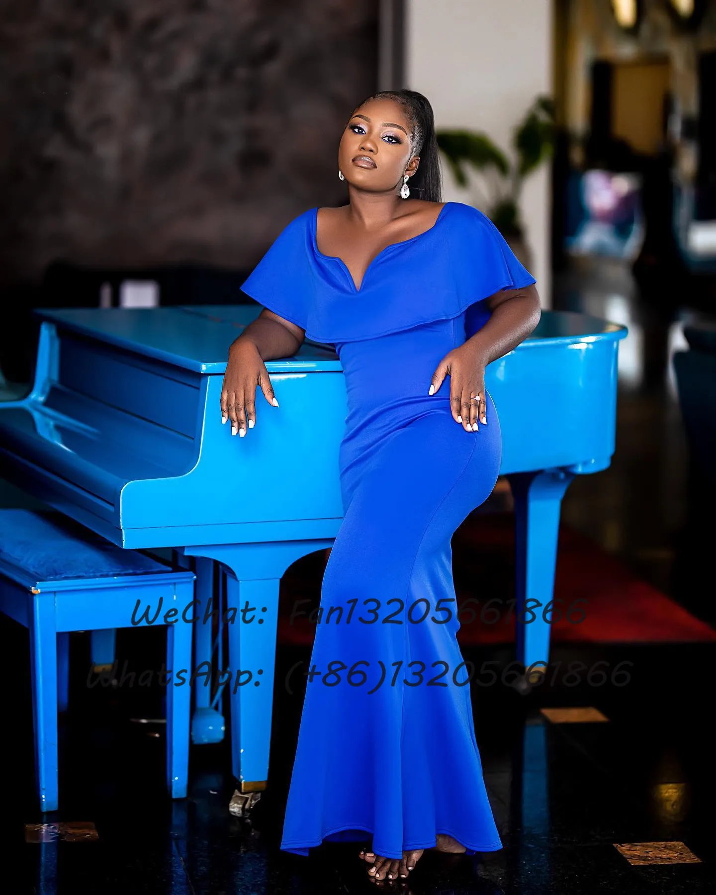 Royal Blue Mermaid Bridesmaid Dresses Floor Length V-neck Cap Sleeve Formal Wedding Party Dress African Nigerian Evening Gown