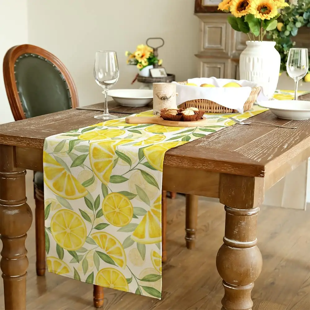 Summer Yellow Lemon Linen Table Runners Holiday Party Decorations Leaves Farmhouse Dining Table Runners Kitchen Table Decoration