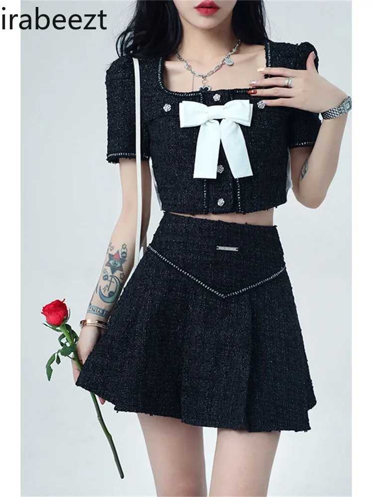 Irabeezt  2024 Summer Casual Short Skirt Suit Womem New Korean U Neck Bow Top High Waist Pleated Skirt Two-piece Clothes Trend