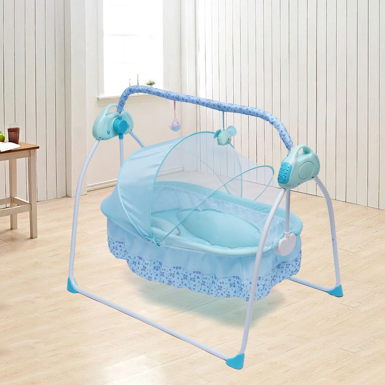 Electric Baby Crib Cradle Auto-Swing Newborn Sleep Bed Infant with Bluetooth blue with Chair+Music+Mat+Net