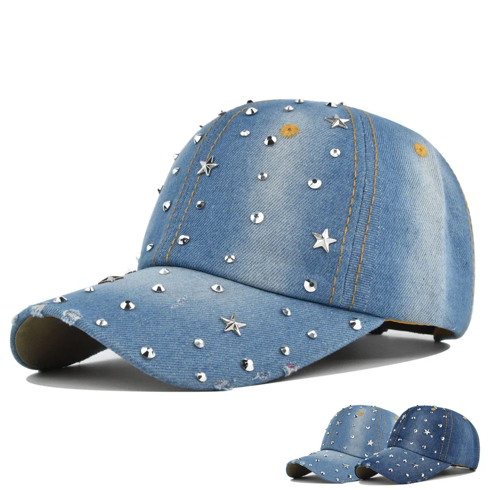 New Men Women Rhinestone Spot Drill Baseball Caps Fashion Cowboy Hat Denim Hip Hop Hats Jean Adjustable Hat Sanpback Kpop Bone