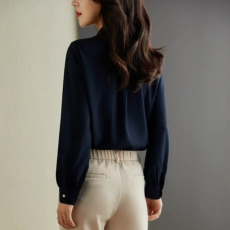 

Navy Blue Stain Shirt Spring Summer Fashion Blouse 2023 Korean Style Elegant Shirt Long Sleeve Round Neck Shirt for Female