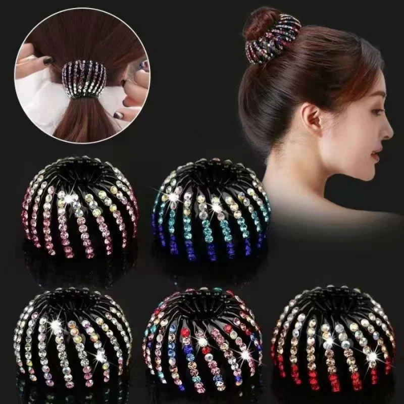 1 ud. Soporte para moño de pelo con diamantes de imitación, pinza ajustable para el pelo con diseño de nido de pájaro, soporte brillante de cristal para cola de caballo para mujer, accesorios para el cabello