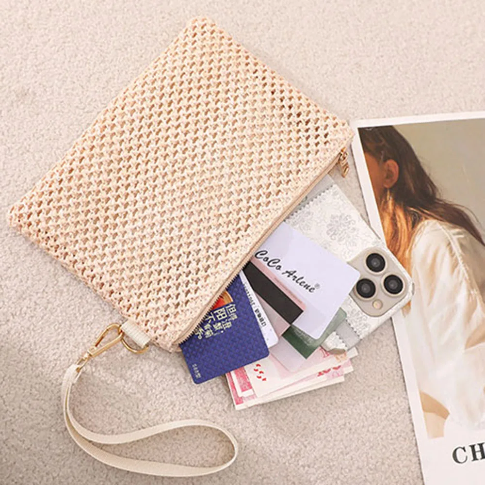 Durable Wallet Weaving Bag Solid Color Simple Braided Bag Hollow Out Weaving Handbag Straw Woven Handbag Wrist Strap Coin Purse