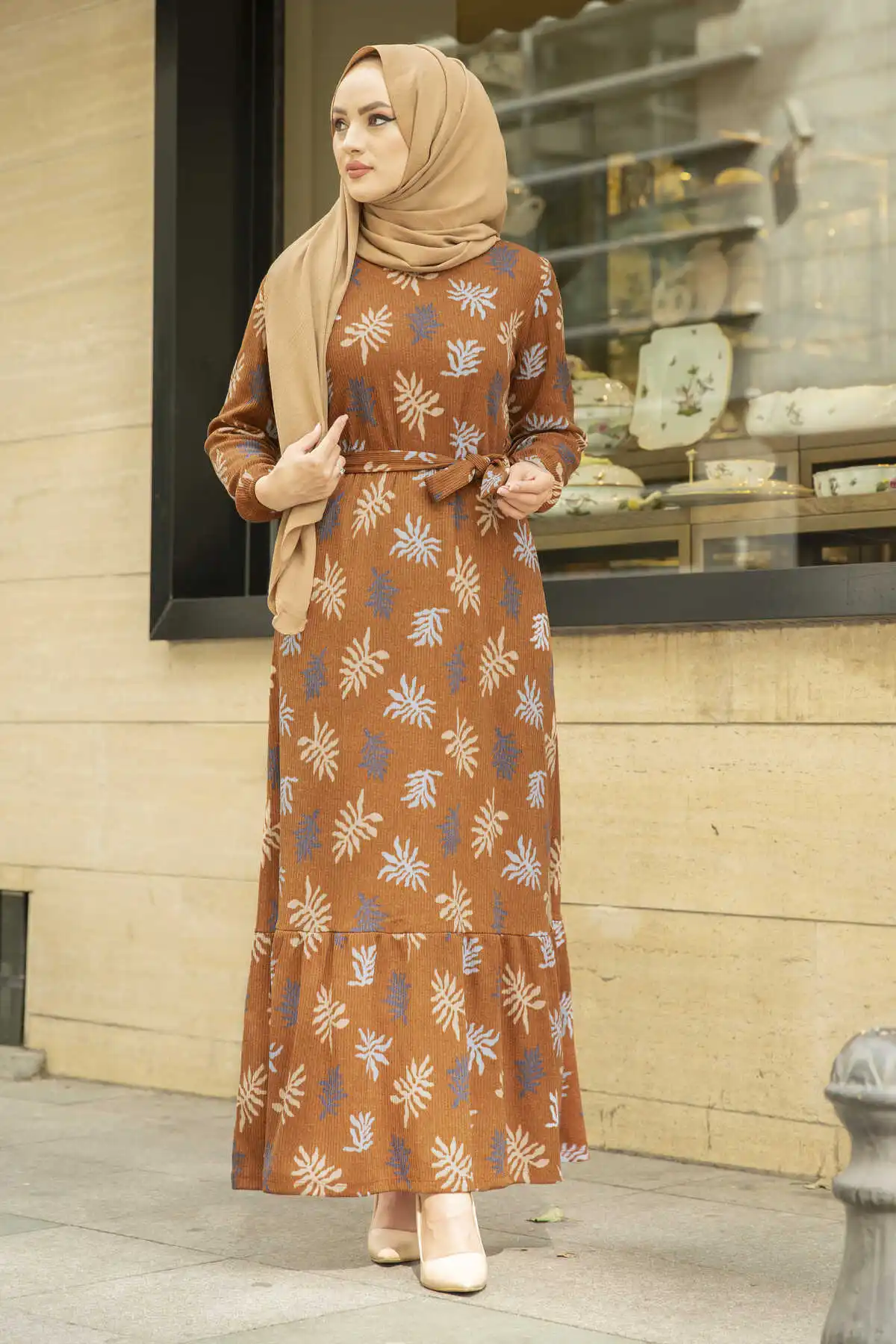 

Leaf Pattern Camisole Dress NY Mustard Winter Autumn 2021 Muslim Women Hijab headscarf Islamic Turkey