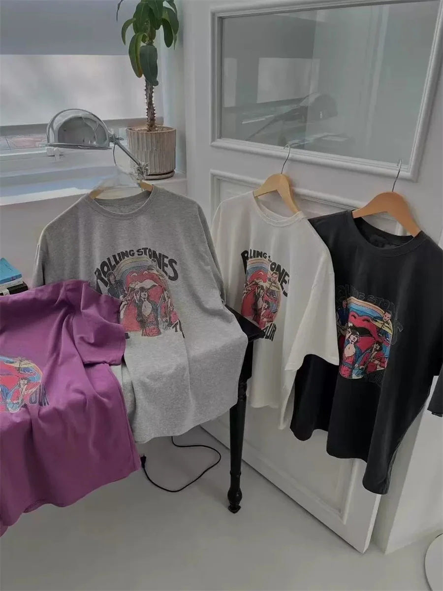 레트로 로 슬레 프린트 루즈 캐주얼 라운드 네 오트 스베 티셔츠 여성 패션 여름 탑 동대문에서