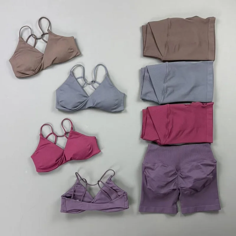 HISTELLO Vision Fitness Sets Women Twist Front Sports Bra Seamless Tummy Control Cross Waist Shorts Suit Biker Gym Workout Set