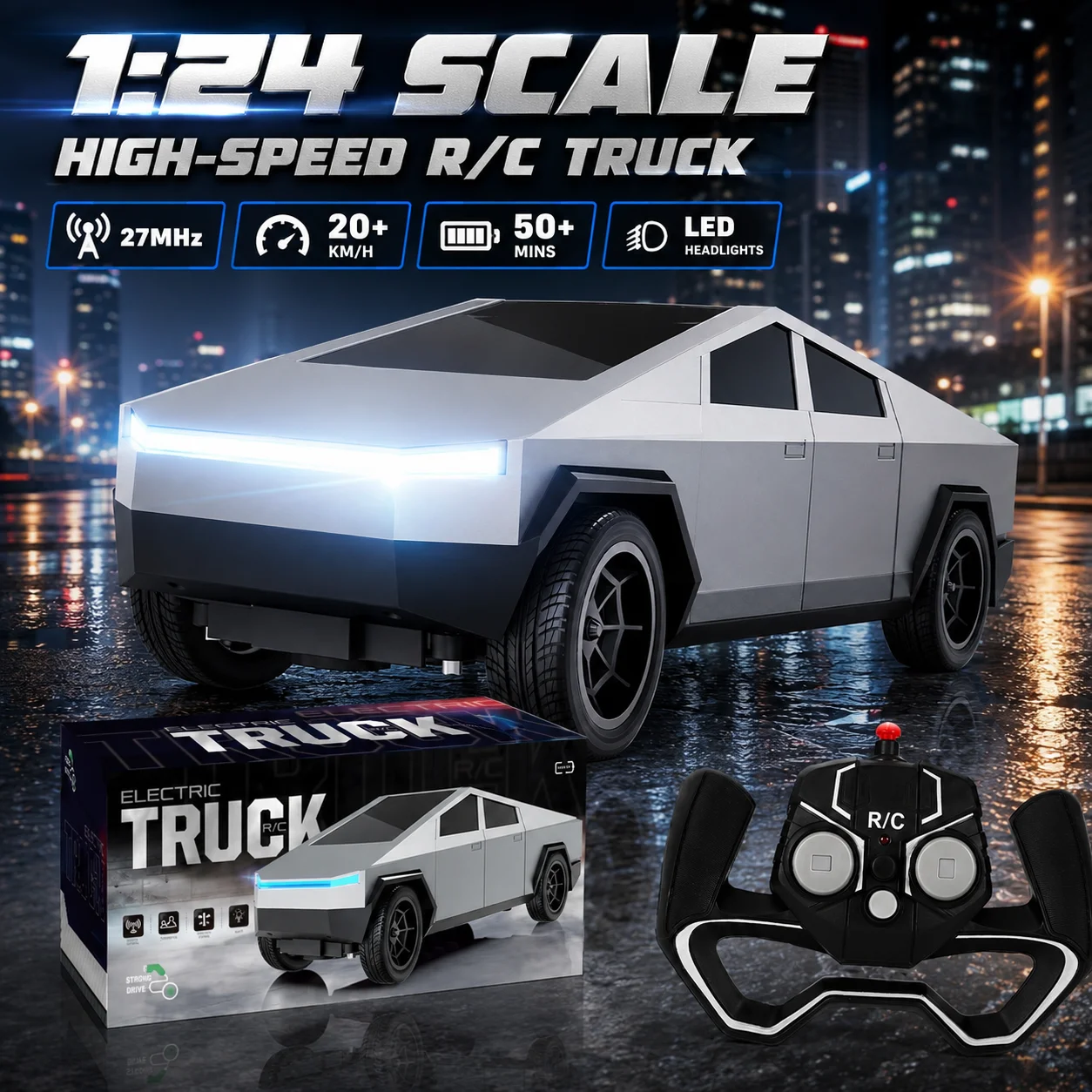 Remote Control Car 1:24 Scale RC Pickup Truck Off-Road Racing Vehicle with Rechargeable Battery LED Lights Electric Toy for Kids