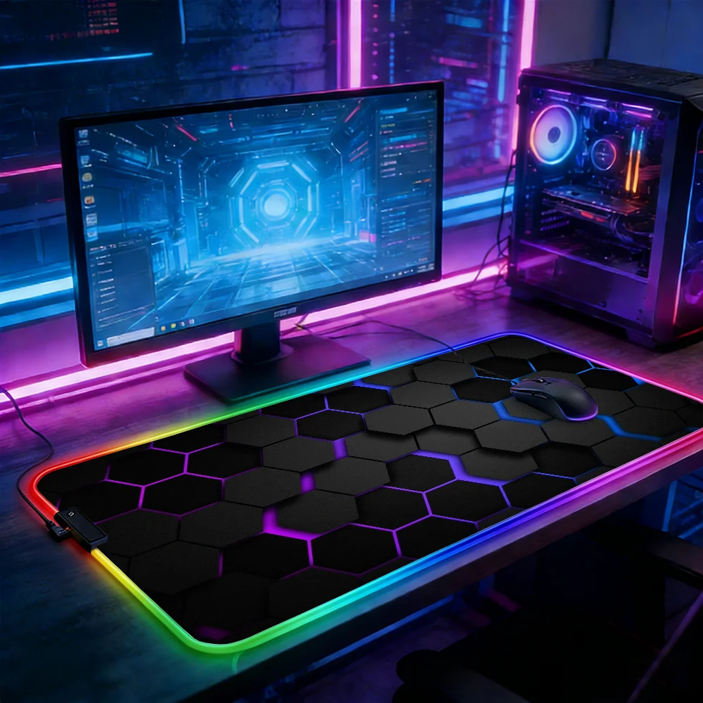 LED Lighting RGB Mouse Pad E-sports Game Keyboard Pad Table Mats Geometric Hexagons Pc Accessories Deskmat Mousepad Gamer Anime