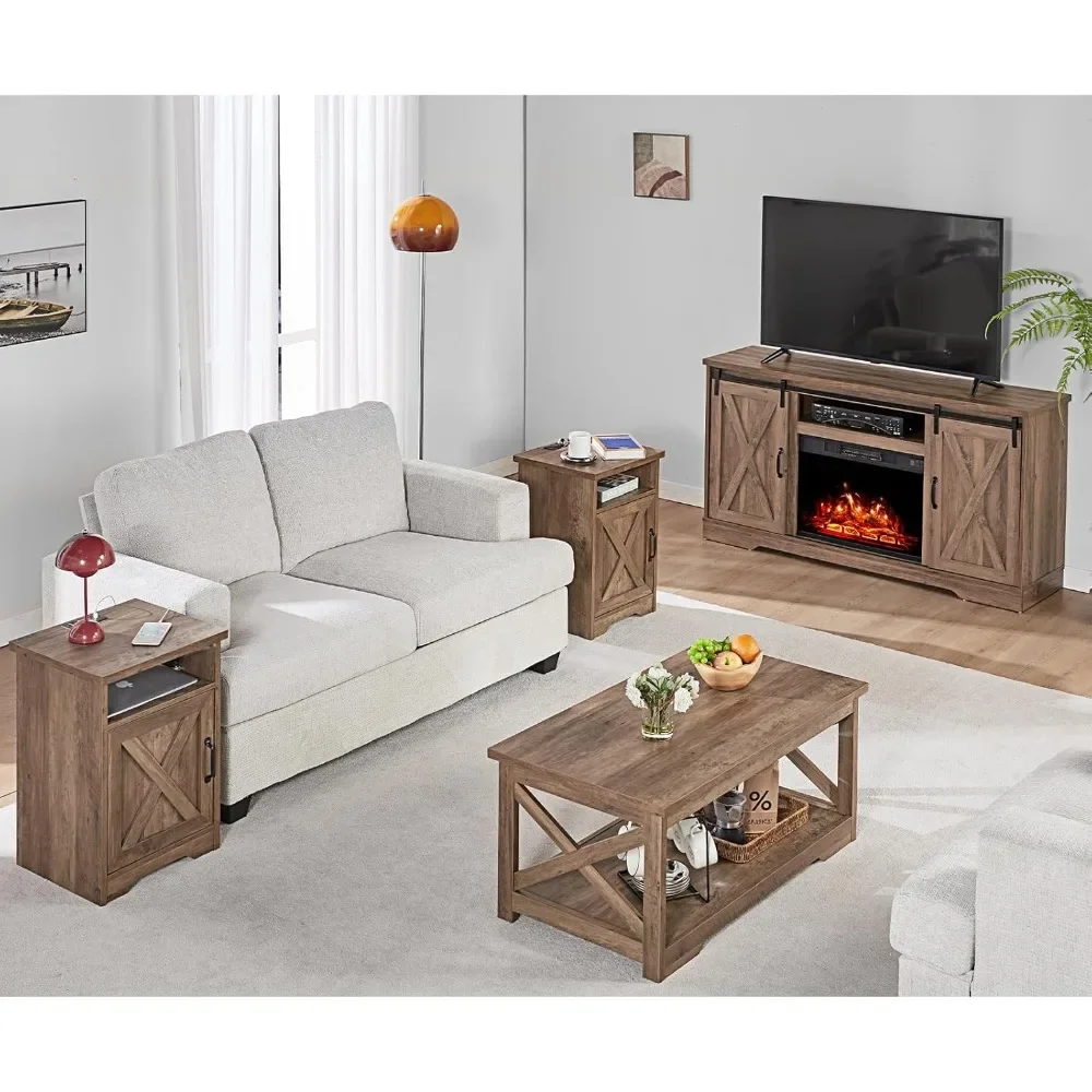 

5-Piece Farmhouse Table Set includes Fireplace TV Stand, Coffee Table& Two End Tables with Charging Station and USB Ports