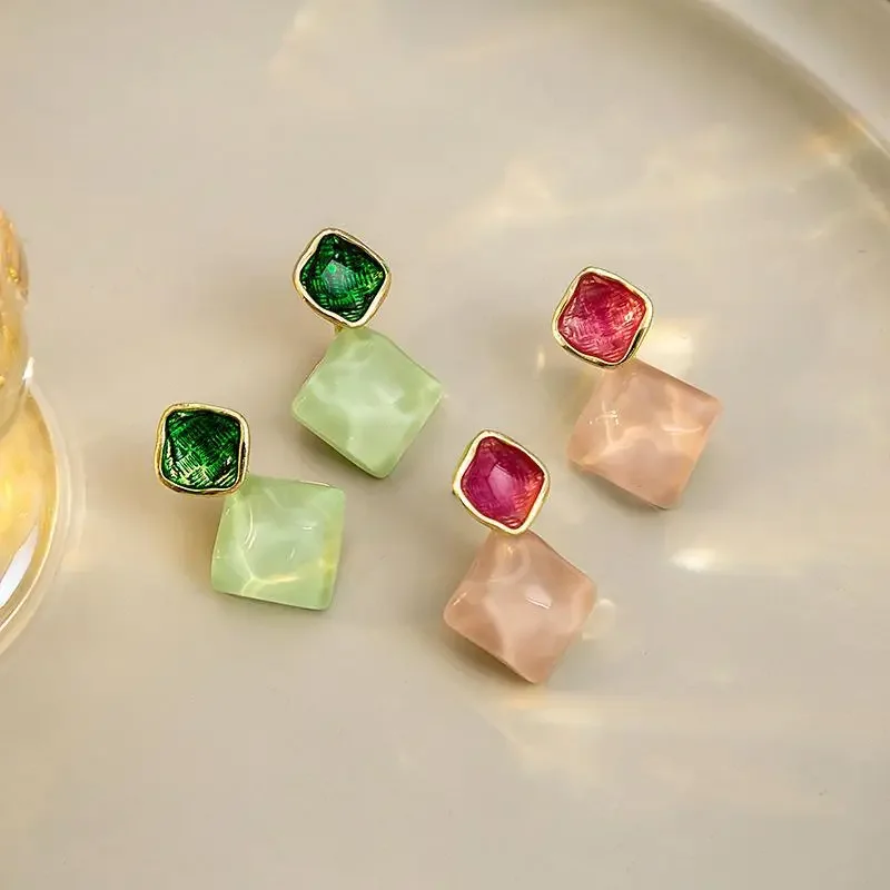 Big Geometric Rhombus Green Pink Stone Drop Earring for Women New Brincos Simple Everyday Gift Jewelry