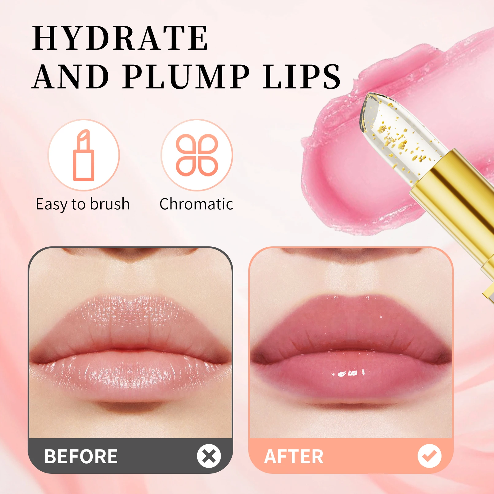 Jelly PH Color‑Changing Lipstick with Gold Crystal, Cup‑Proof, 24H Long‑Lasting Hydrating Lip Makeup