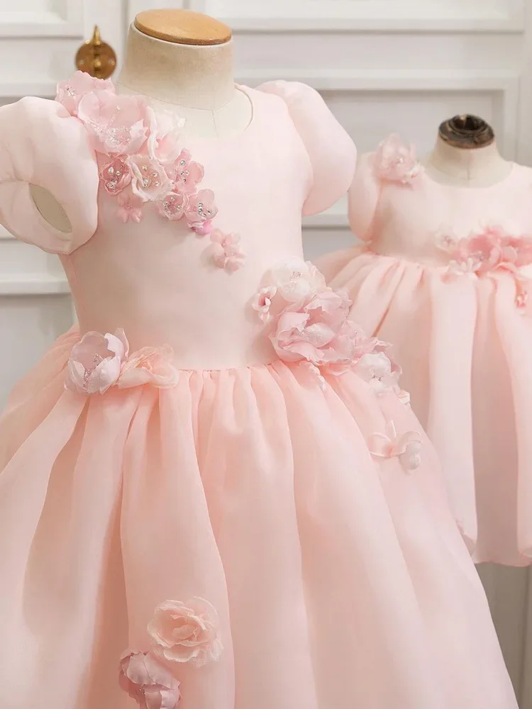 Little Girl Heavy Industry Flower Fluffy Skirt Pink Bubble Sleeves Princess SkirtFlower Dress For Weddings Kids