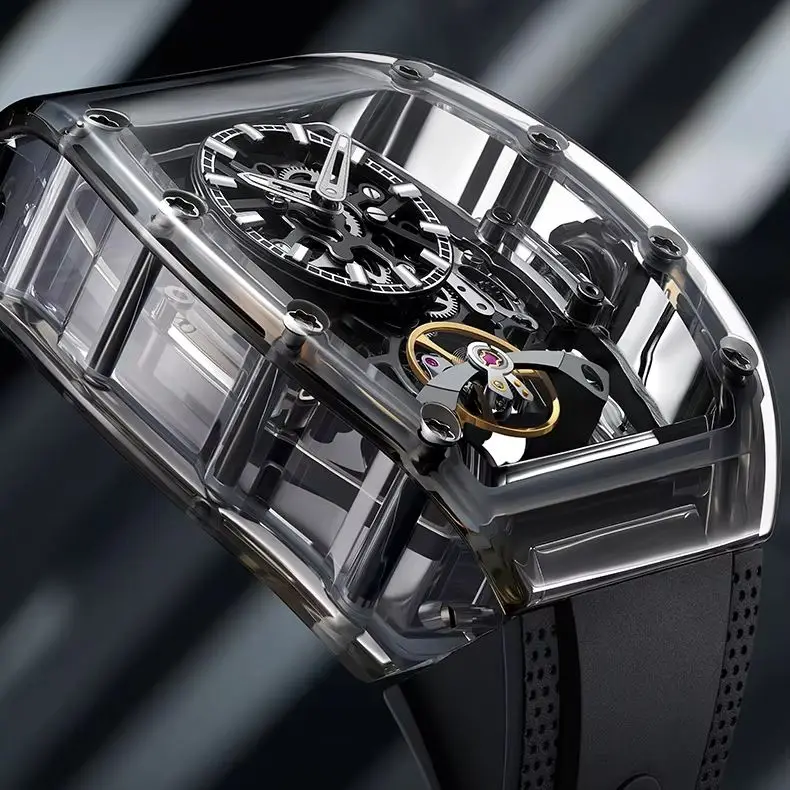 BONEST GATTI ساعة أوتوماتيكية للرجال 45 مللي متر Tonneau ساعة اليد الميكانيكية علبة أكريليك الياقوت مضيئة الهيكل العظمي الهاتفي فلوروروبر