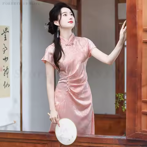 Pink Printed Cheongsam Women's Gentle Elegant Qipao Summer Short Sleeved Slim Vestidos Traditional Chinese Dress Evening Gown