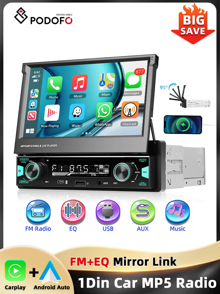 Podofo 7'' 1Din Intrekbaar Scherm EQ Geluid FM/AM/RDS Multimedia Speler Carplay Android Auto Bluetooth Type-C USB SWC Auto Audio - afbeelding 2