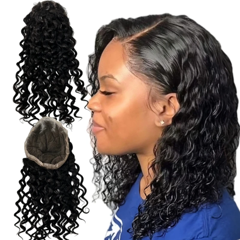 

Indian Virgin Human Hair Pieces #1B Black Color Water Wave 8x10 Full Lace Topper for Woman