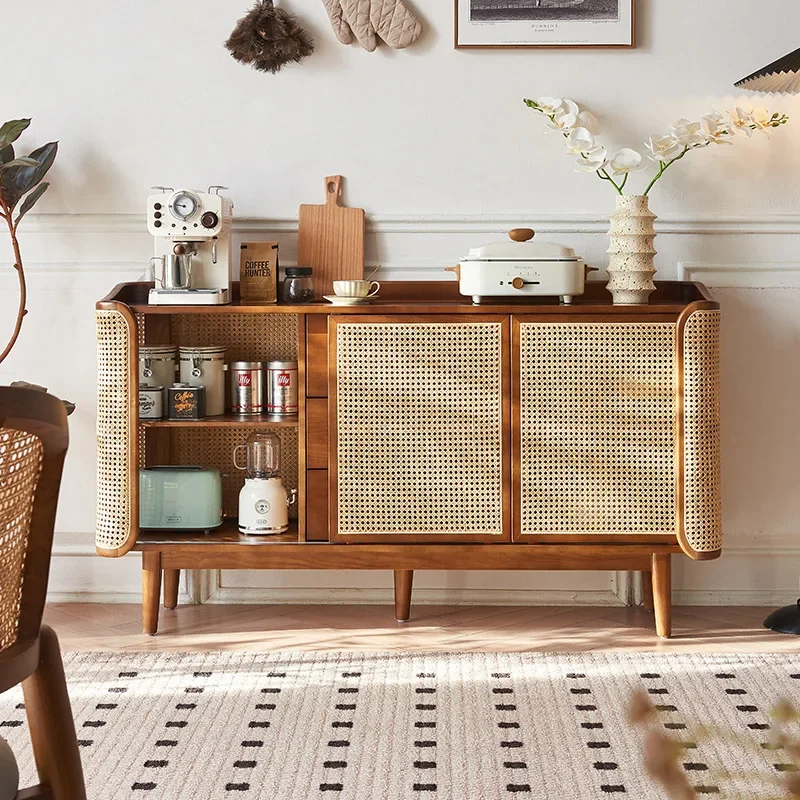 New Chinese solid wood, real rattan side cabinet, wabi-sabi, with drawers, double cabinet doors, ash wood