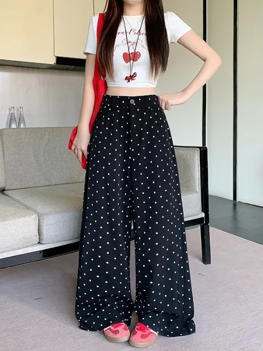 

plus Size Women's Casual Polka Dot Wide Leg Pants High Waist Straight Cut Versatile Spring Fashion plus Size Ladies Trousers