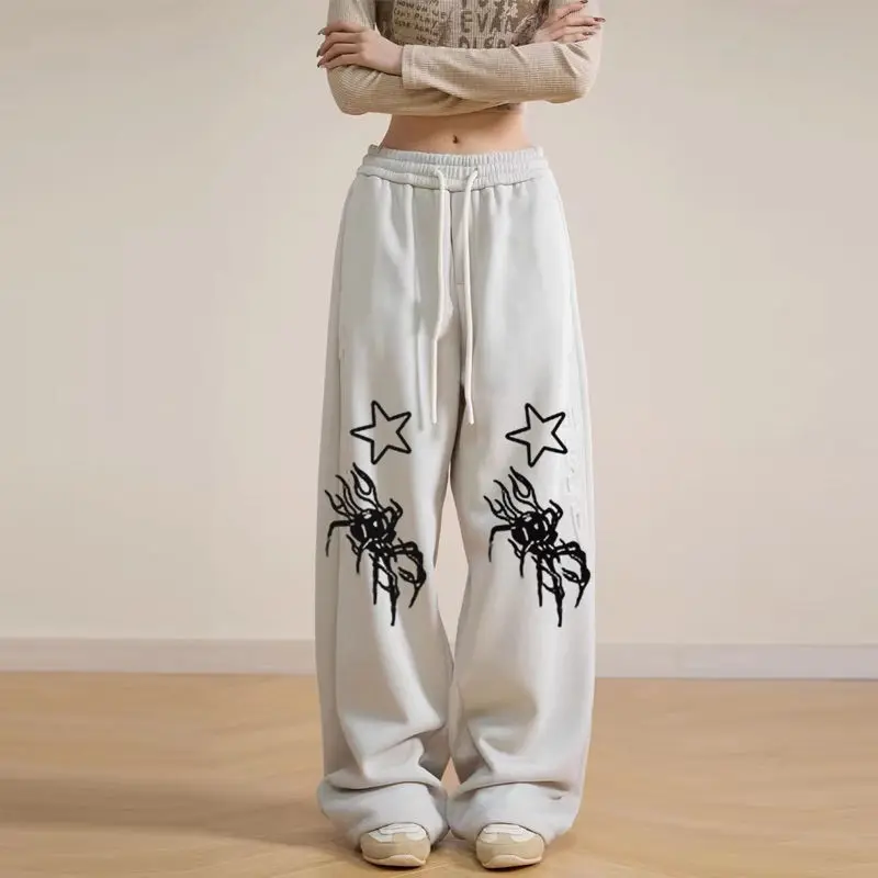 

2024 New Summer Hip Hop Loose Casual American Retro Oversized Women's Clothing Drawstring Print Cotton Linen Chic Tops Y2K Pants