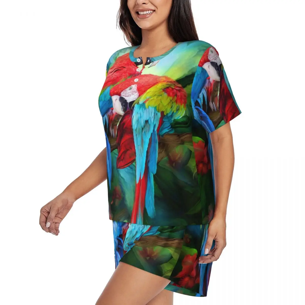 Custom Tropic Spirits Macaw Parrot Couple Bird Pajama Sets for Women 2 Piece Tropical Plant Short Sleeve Pjs Shorts Sleepwear