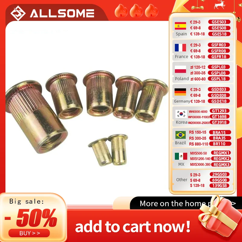 ALLSOME Carbon Steel Rivet Nuts Flat Head Insert Nutsert Threaded Rivetnut M3 M4 M5 M6 M8 M10