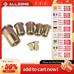 ALLSOME-tuercas de remache de acero al carbono, inserto de cabeza plana, tuerca roscada, M3, M4, M5, M6, M8, M10