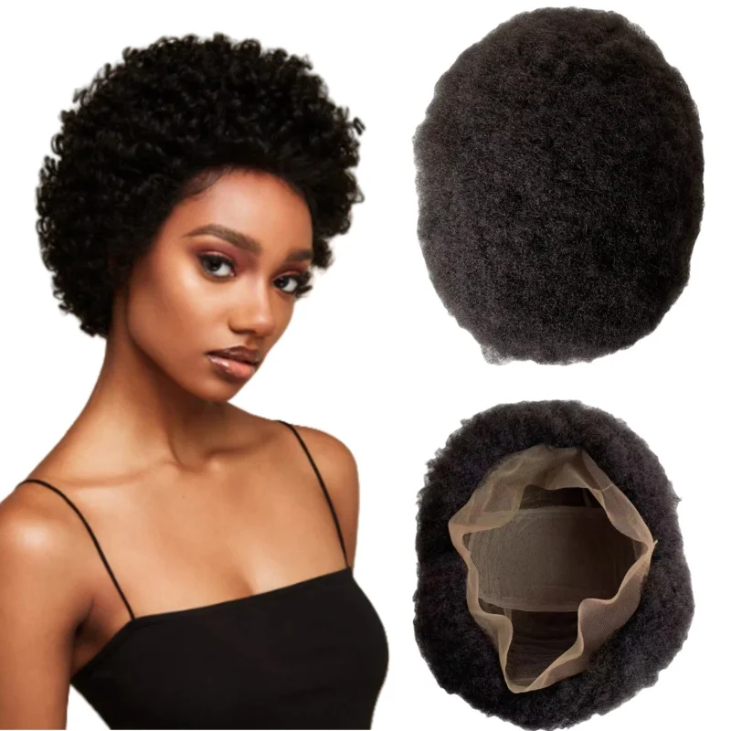 

6-дюймовый индийский парик из натуральных волос # 1b Черный афро-полный парик шнурка диаметром 4 мм для чернокожих женщин