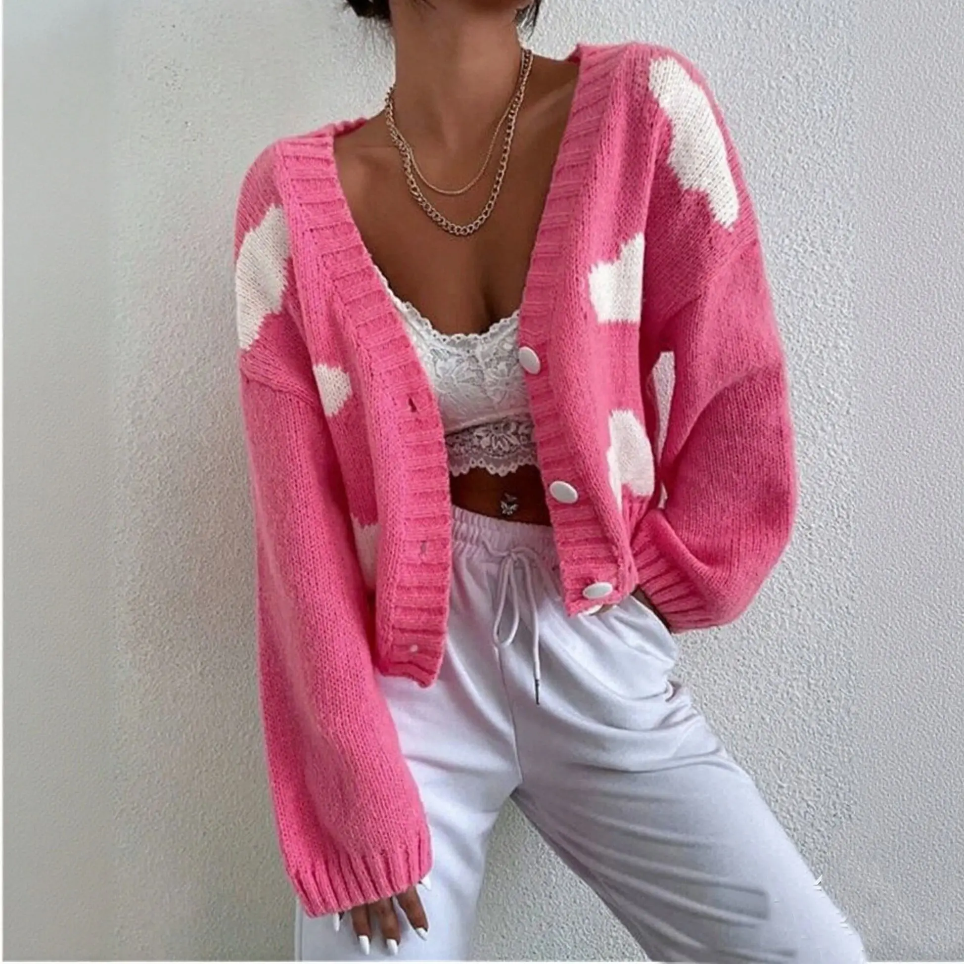 

Fashion V Neck Knitted Cardigan Women Autumn Winter Print Long Sleeve Sweater Coat Loose Chic Single Breasted Jacket Casual Sexy