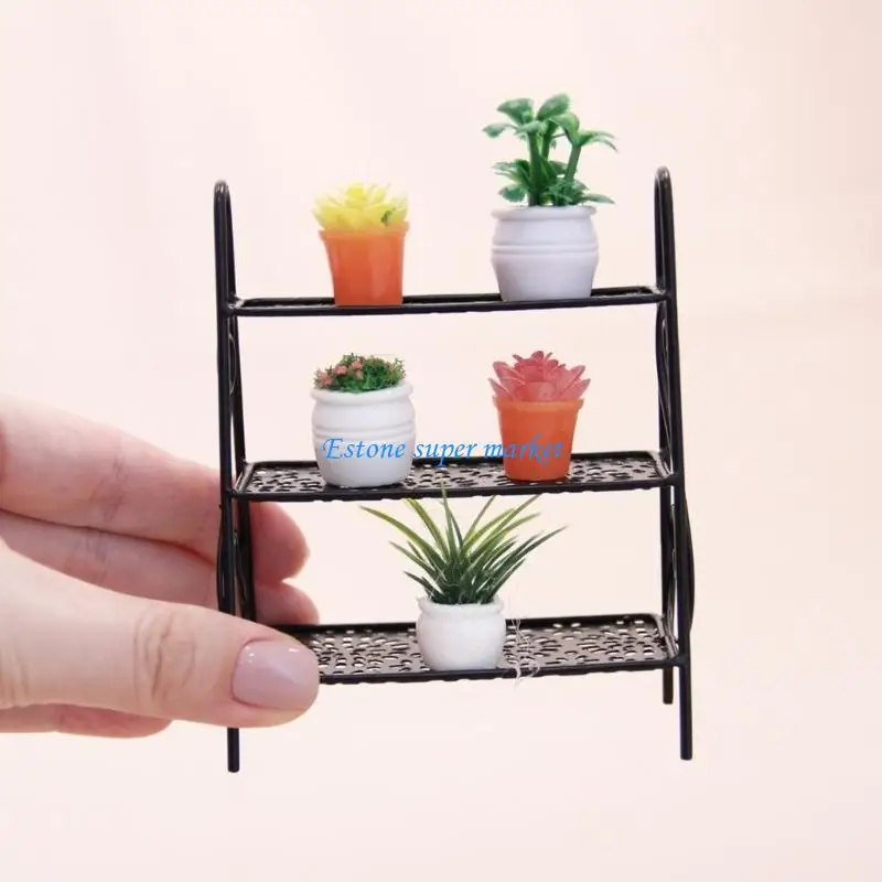 

090B Simulation Iron Plant Stand Figurine 1/12 Doll House Decoration Living Room Scene Display Furniture with Potted Flower
