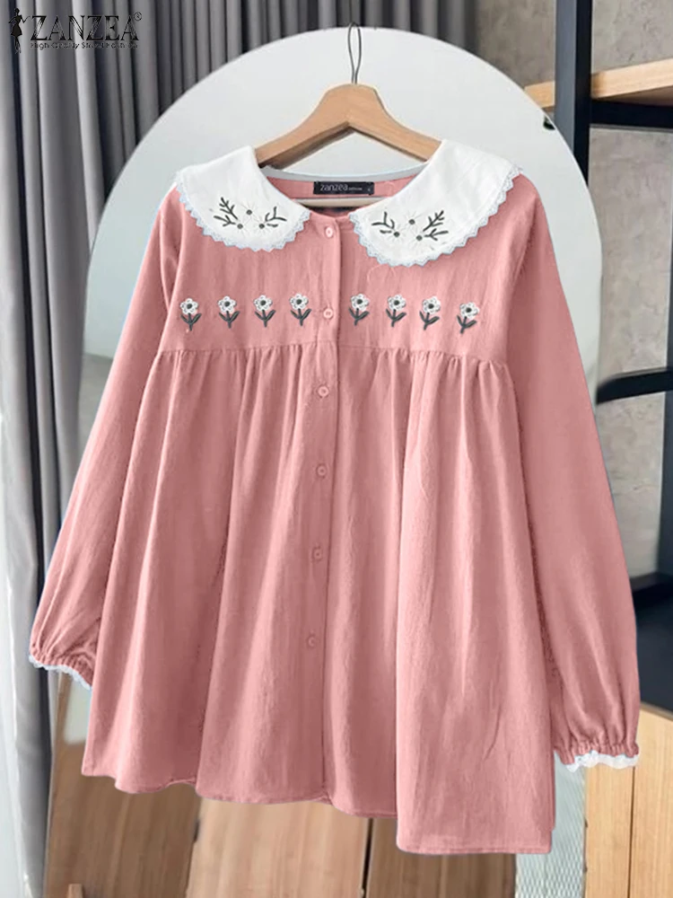 

ZANZEA Fashion Long Sleeve Women Shirts 2025 Autumn Peter Pan Collar Printed Blouse Elegant Pleated Tunic Tops Holiday Blusas