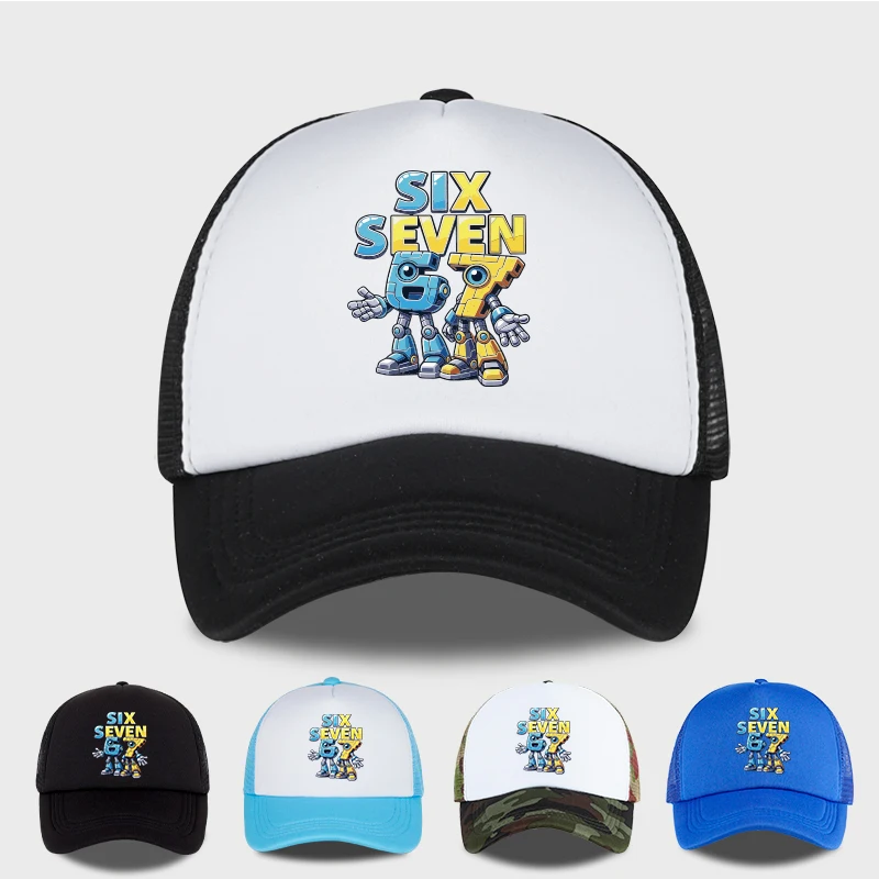 Cute 67 Robot Print Mesh Cap: Breathable, Sun-Protective, an