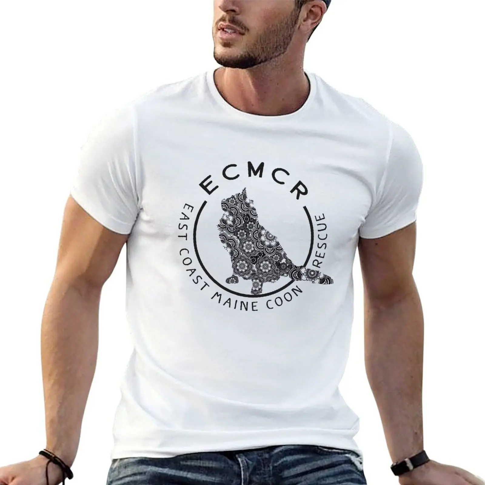 Camiseta negra con logo de Maine Coon Mandala, camiseta informal básica de color sólido