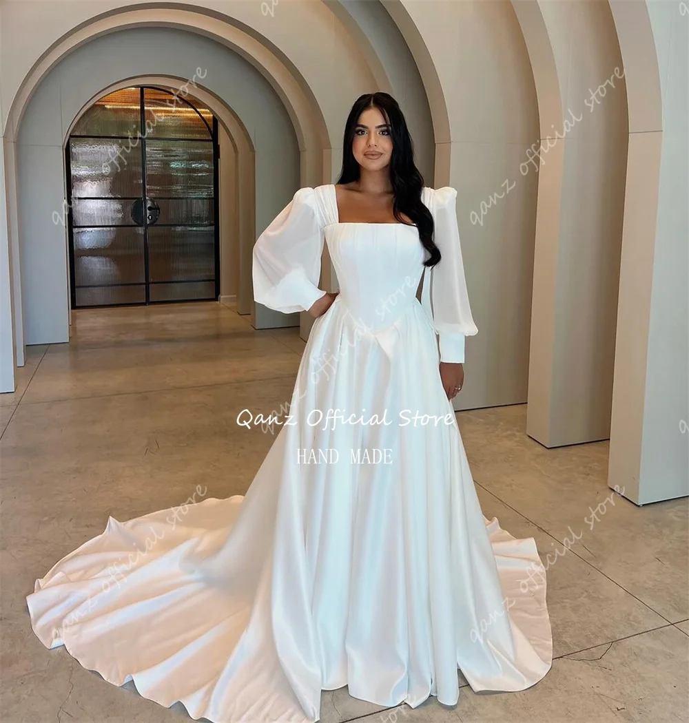 Qanz minimalismo branco cetim vestido de casamento mangas compridas puff trem varredura longo robe de mariée vestidos novias boda personalizado